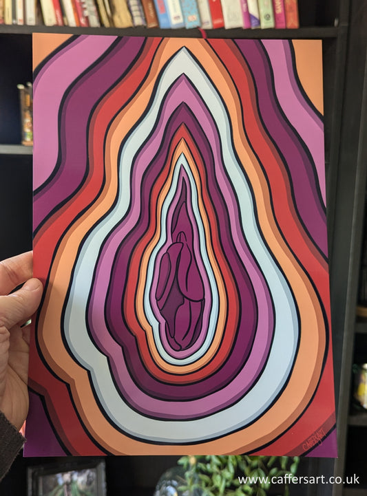 Lesbian vulva art print. A dark pink vulva surrounded by the Emily Gwen lesbian flag colours