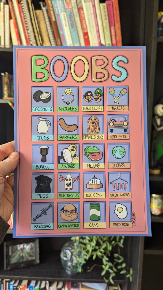 Boobs Art Print. Cartoon drawings of alternative names for breasts