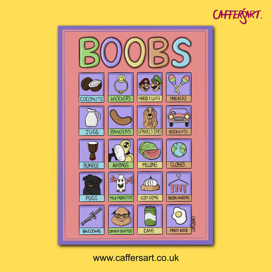 Boobs Art Print. Cartoon drawings of alternative names for breasts