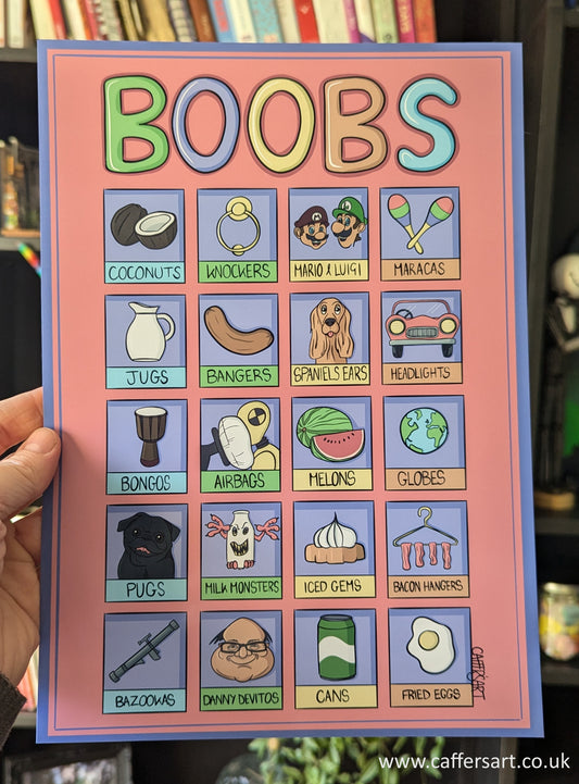 Cartoon style art print with colorful illustrations and text on a pink background, with boobs written at the top. The 20 illustrations represent slang words for boobs including Mario & Luigi, bongos, pugs, and fried eggs