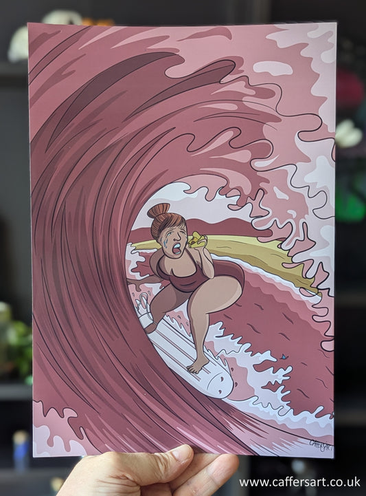 Illustration of a woman surfing a tampon while eating a pizza and crying. The sea is red and curling over the top of her head with a beach in the background. There is also a small shark fin in the distance