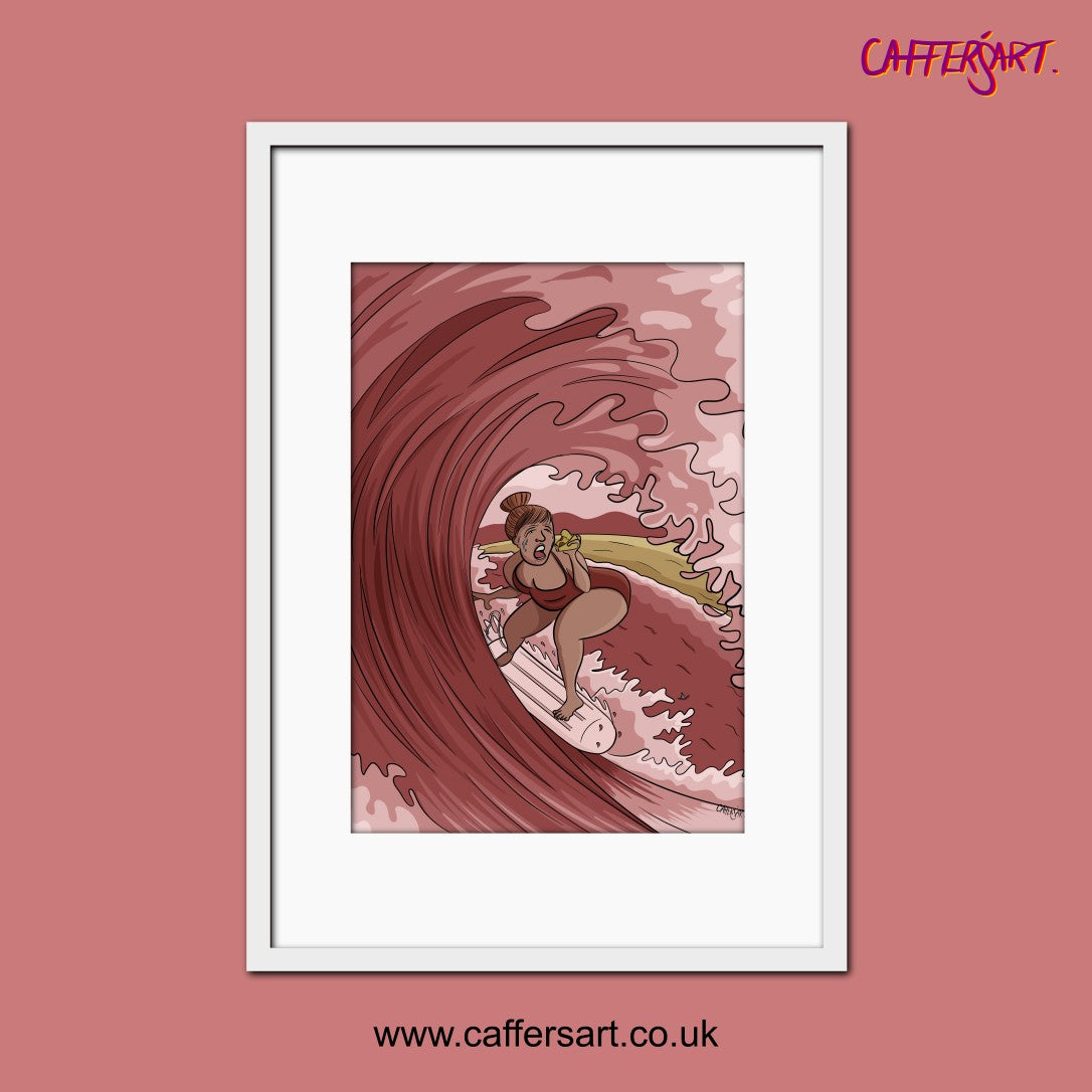 Framed artwork of a woman surfing a wave on a tampon, whilst eating pizza. Feminist art