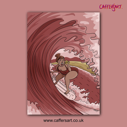 Cartoon woman surfing a large wave on a tampon whilst eating pizza. Feminist art