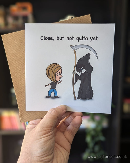 Cartoon Grim Reaper close call joke card
