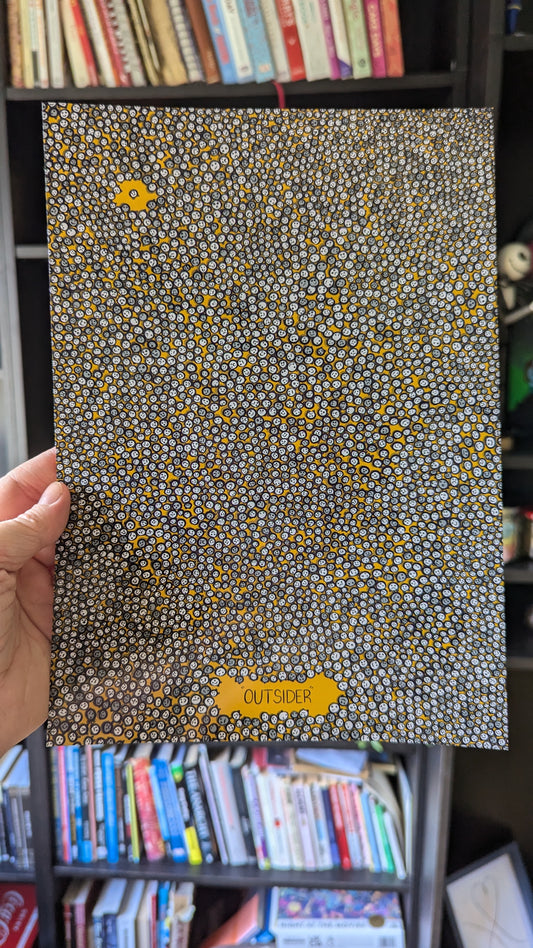 Outsider art print with tiny faces and abstract yellow highlights