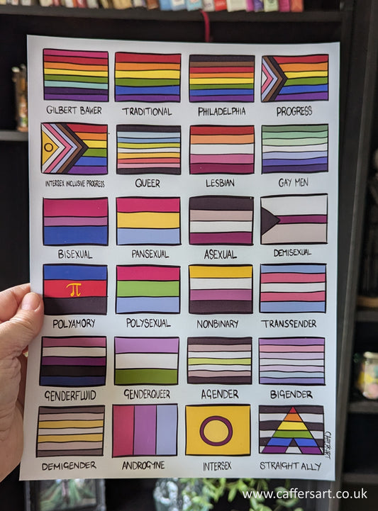 24 pride flags representing different sexualities and genders. Includes an ally flag