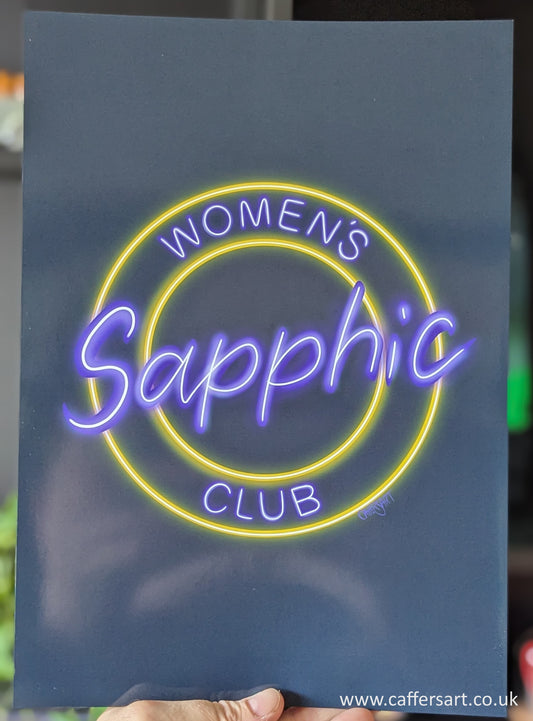 Neon sign with 'Sapphic Women's Club' text on a dark background. The neon sign in Purple writing with two yellow circles