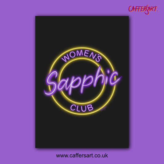Neon sign with 'Women's Sapphic Club' text on a black background. Lesbian art