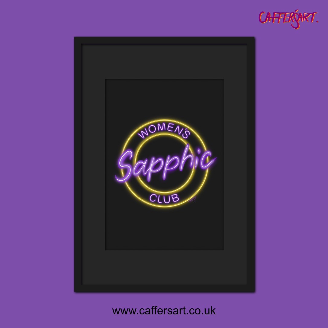 Framed artwork with 'Womens Sapphic Club' neon-style text on a purple background. Sapphic art