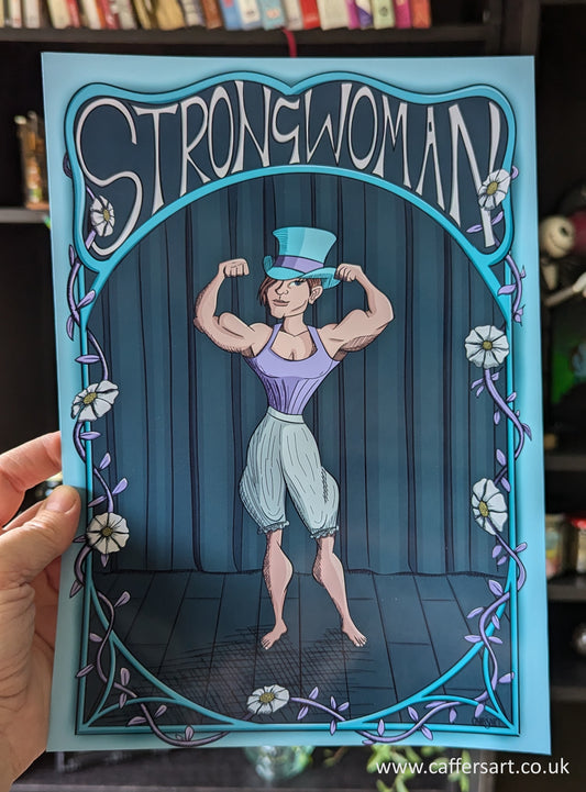 A muscly Victorian strongman doing a double bicep pose. She's wearing pantaloons a lilac corset and a turquoise top hat. There is Strongwoman test along the top and vines and flowers interweaved into the illustrated frame surrounding the print.