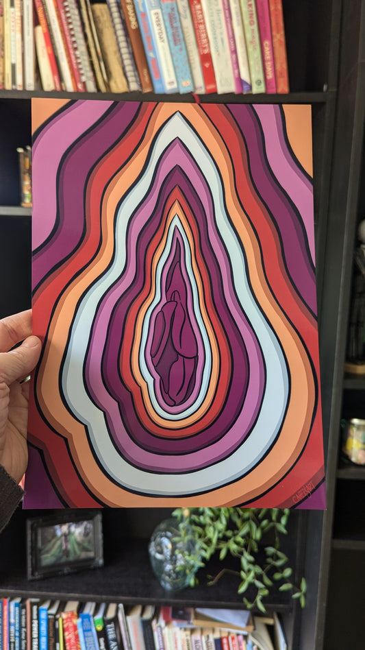Lesbian Vulva art print, white, pink and orange