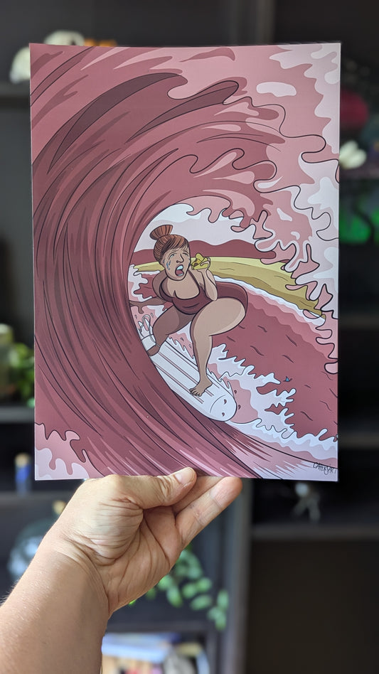 Surfing art print with crying woman riding a tampon and eating pizza