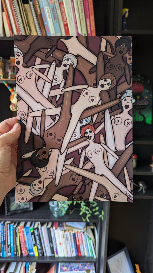 Lesbian art print featuring naked cartoon women in tangled pose