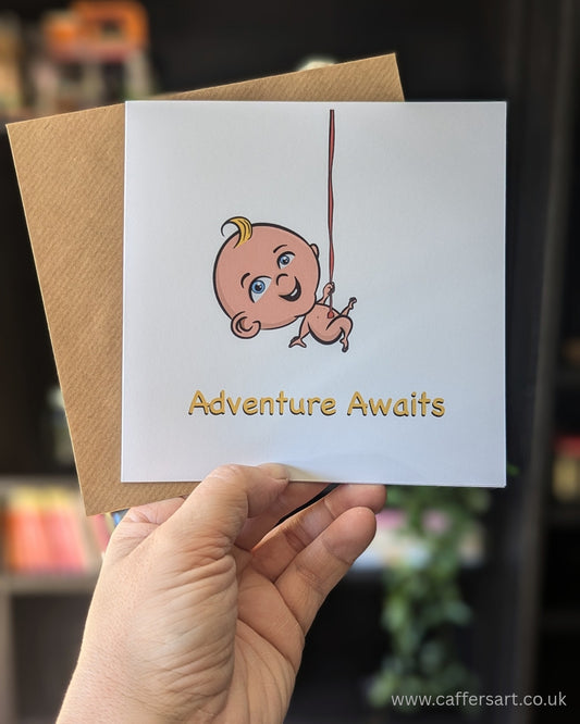 Funny new baby greeting card with cartoon baby swinging from umbilical cord