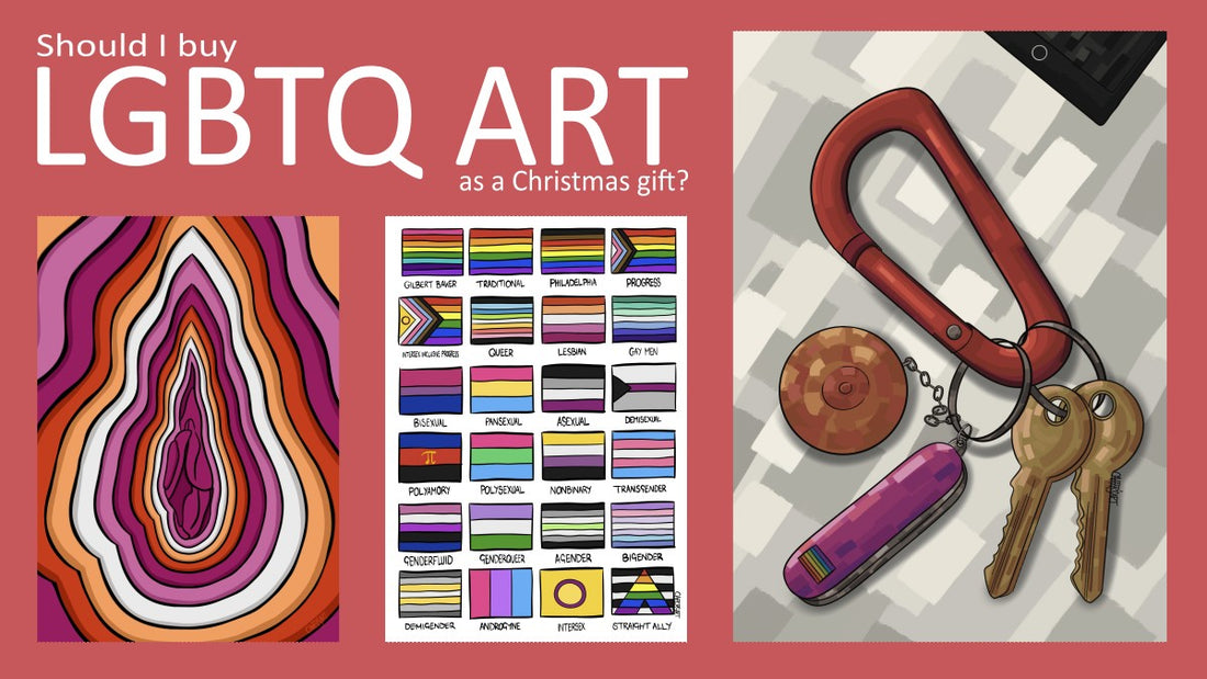 Should I buy LGBTQ art for Christmas text on pink background with images