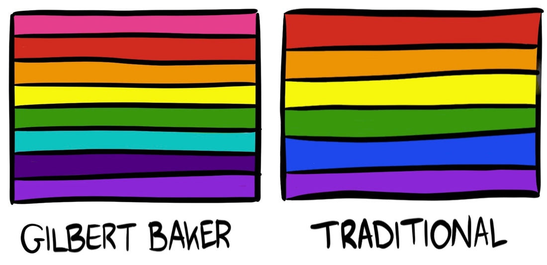 Gilbert Baker and traditional Pride flags side by side