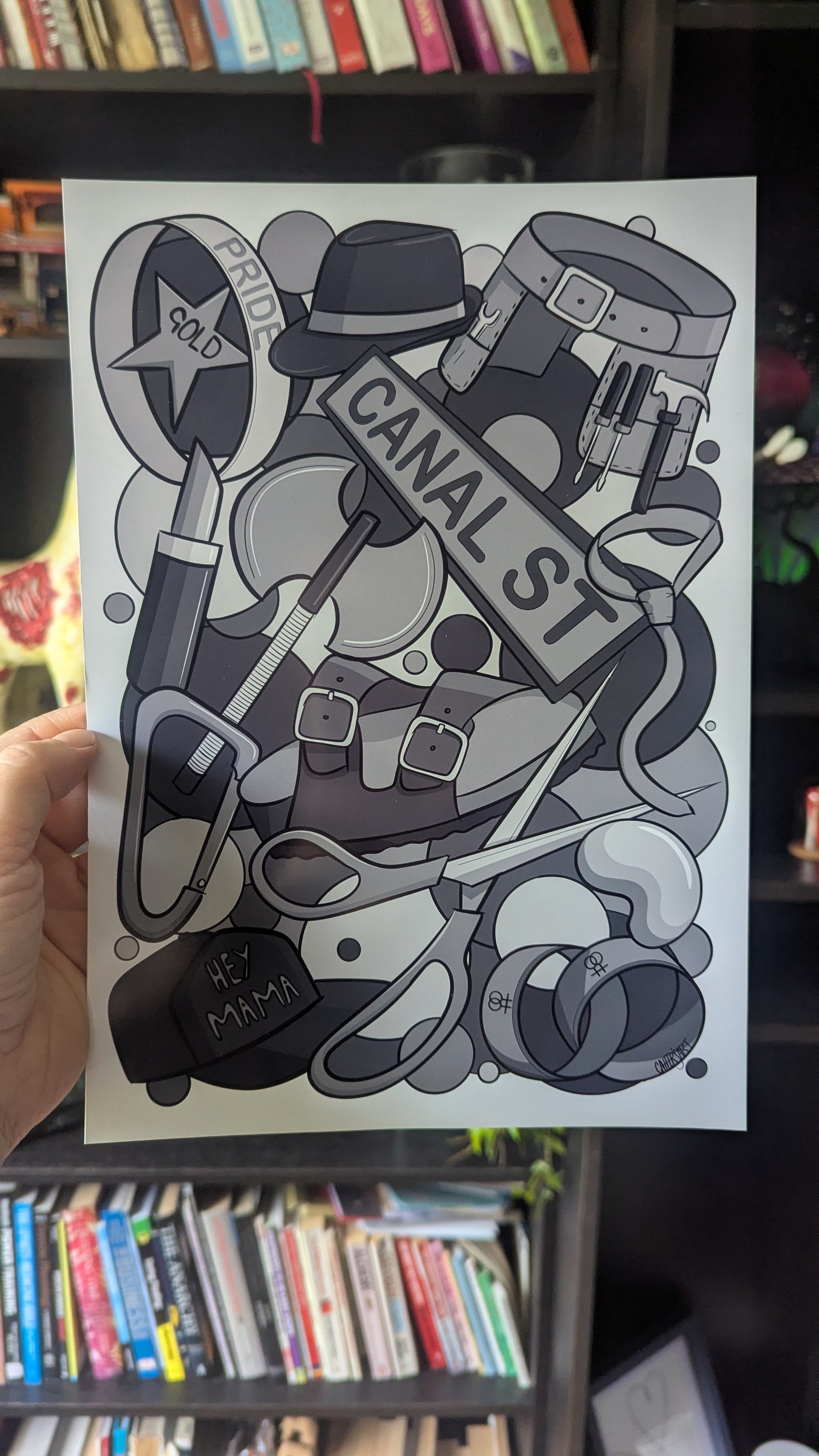 A4 art print with various lesbian items in Black and white