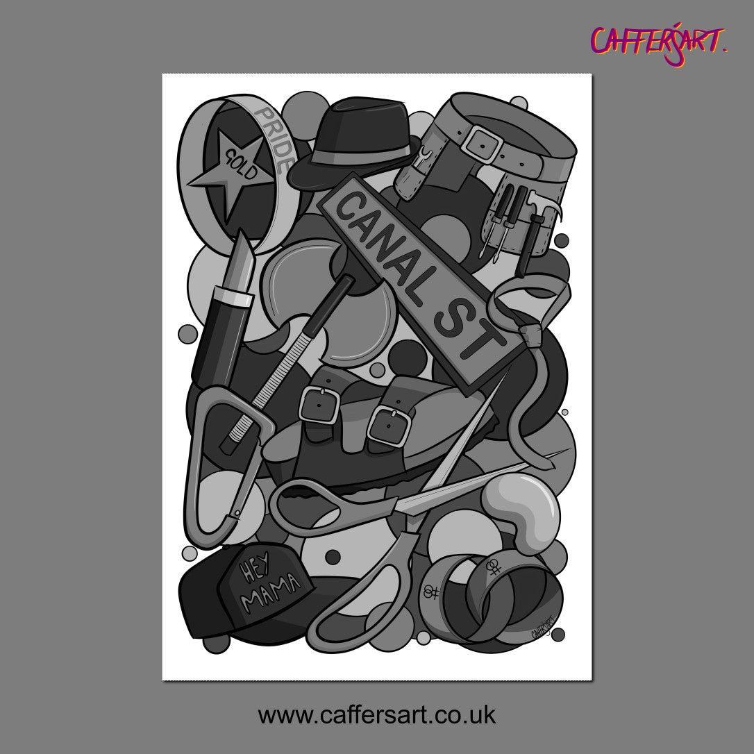 Black and white illustration with various objects and text on a gray background, featuring the brand 'Caffersart'.