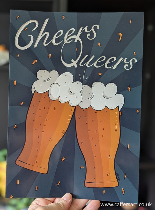 Two beer glasses clinking and 'Cheers Queers' text on a black background. Confetti in the background
