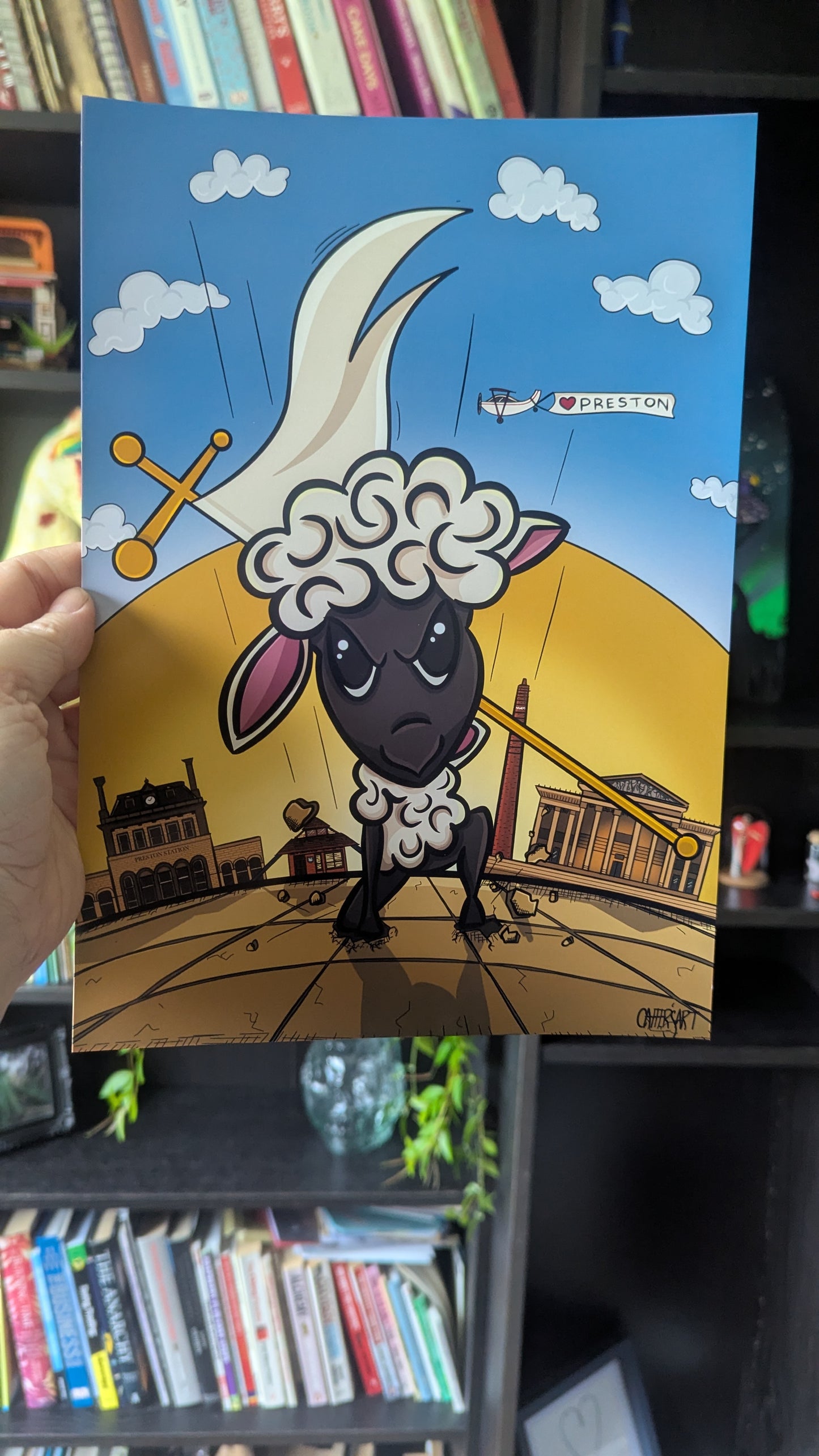 Preston lamb standing in the Flag market with landmarks in the background