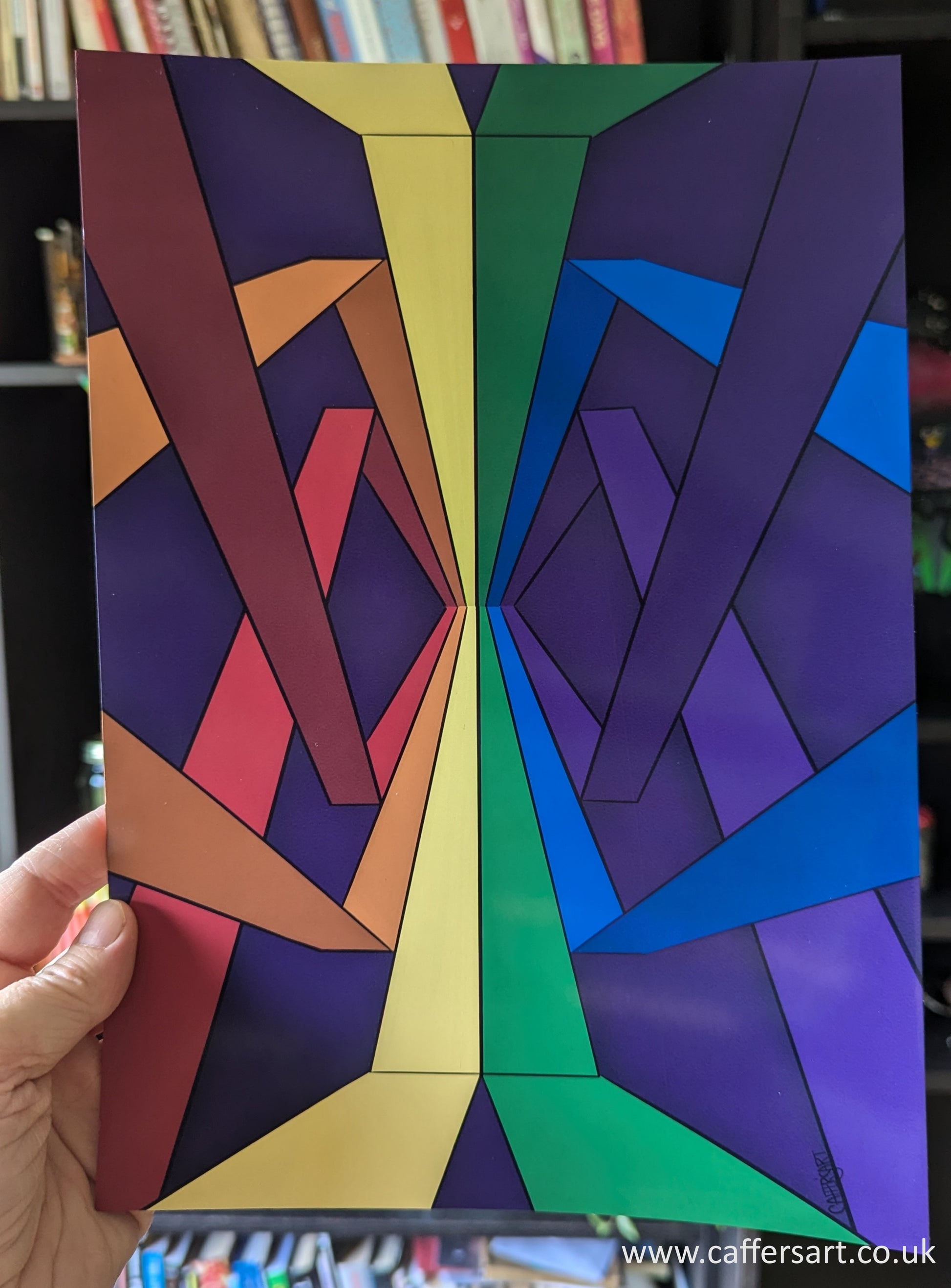 Colorful geometric patterned art print. Traditional pride flag colours shooting of in different directions