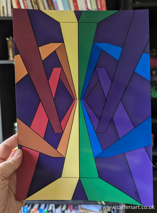 Colorful geometric patterned art print. Traditional pride flag colours shooting of in different directions