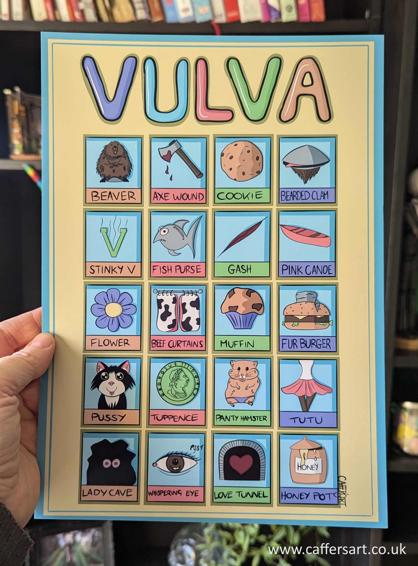 Cartoon art print of slang terms for the word vulva. Such as fish purse, muffin, and lady cave. All on a yellow background with the 'Vulva@ written across the top