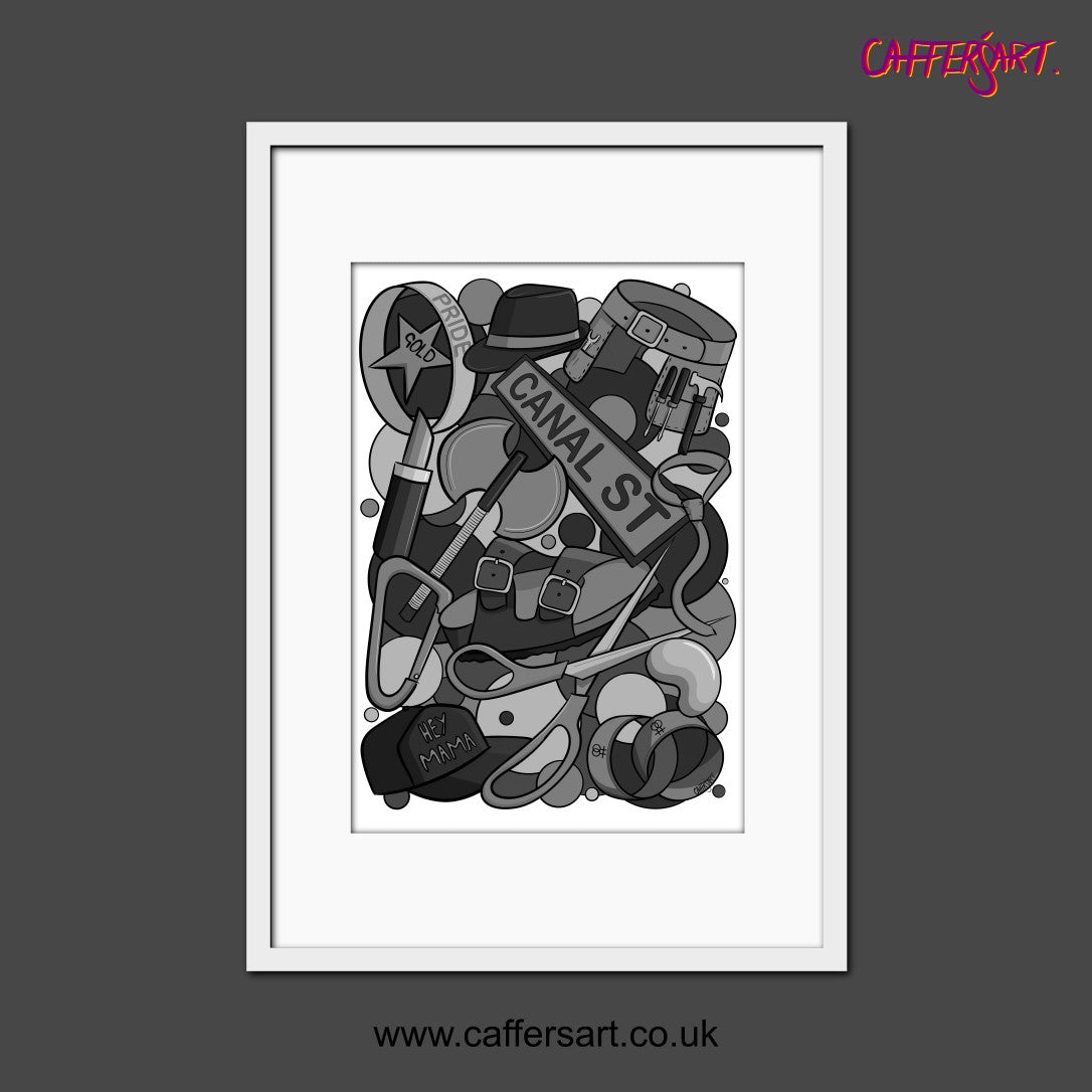Framed black and white art print with various objects on a gray background, featuring the Caffers Art logo.