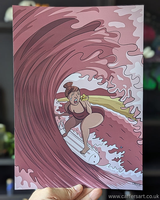 Menstrual cycle art print. Woman surfing on a tampon